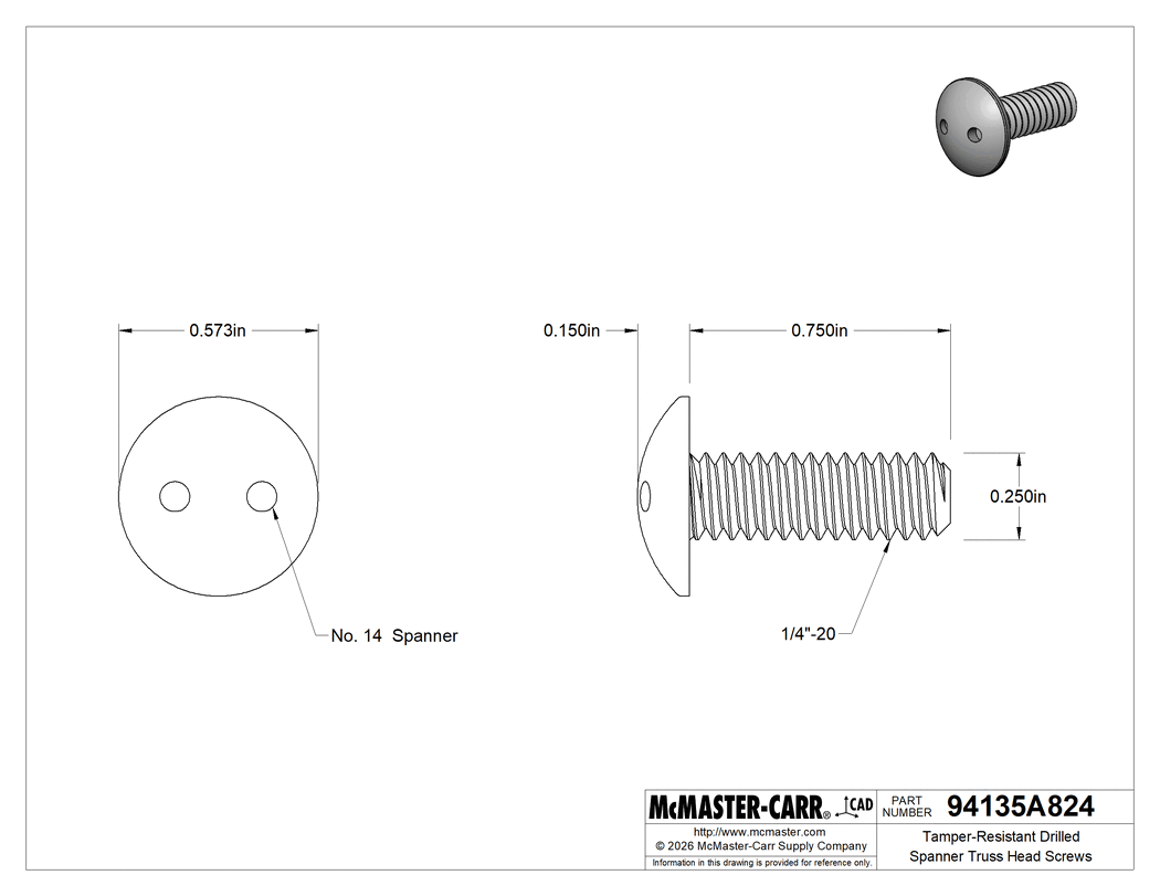 Technical Drawing of Tamper-Resistant Drilled Spanner Truss Head Screws, Extra-Wide, 1/4"-20 Thread, 3/4" Long.